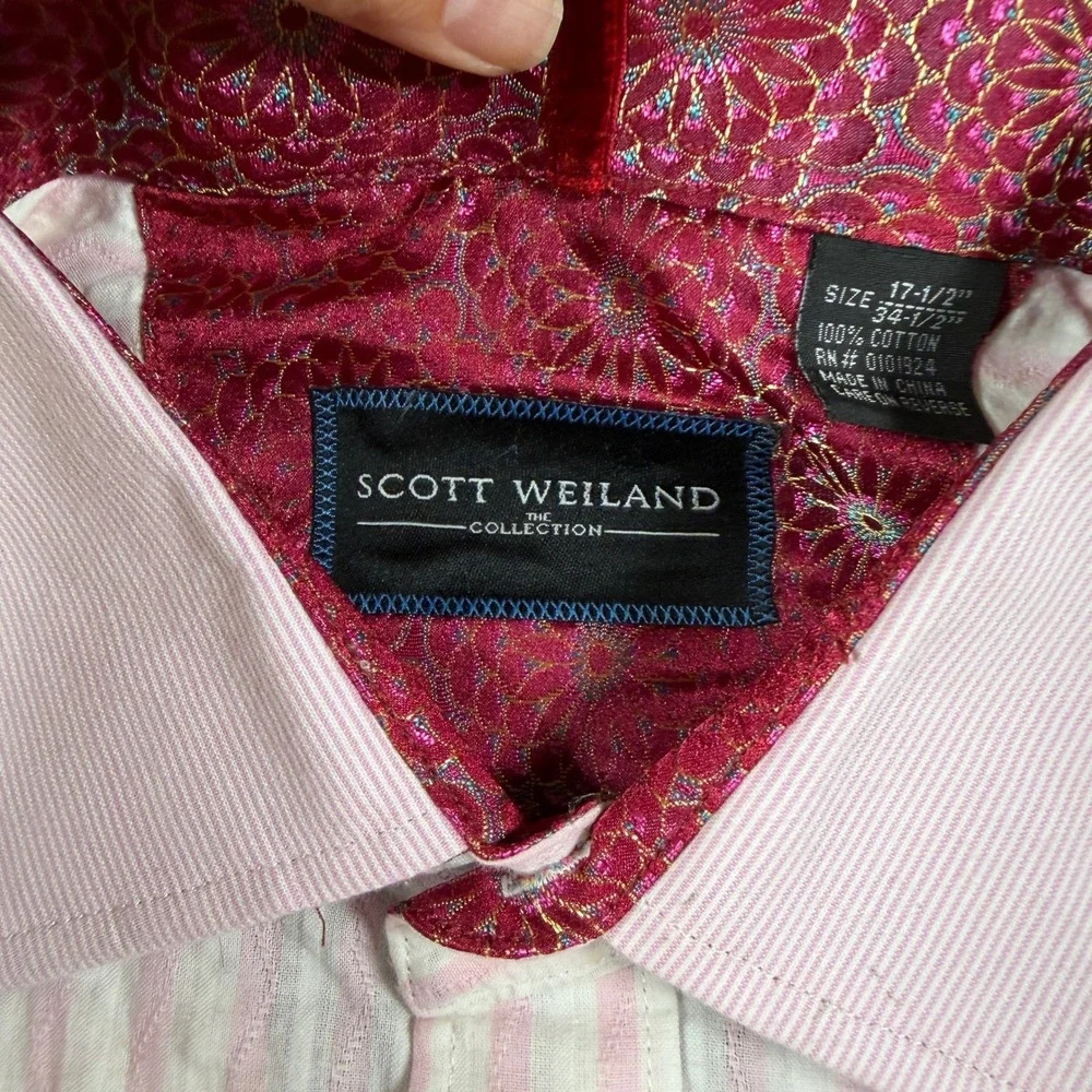Scott Weiland Button Up Shirt Mens 17.5 Pink Striped Long Sleeve Seersucker NWT